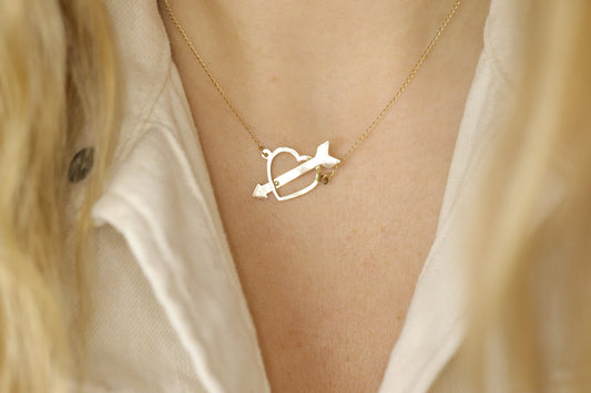14k Open Heart Pendant. 14k Pierced Heart Arrow Cable chain necklace. 1mm wide 15in length