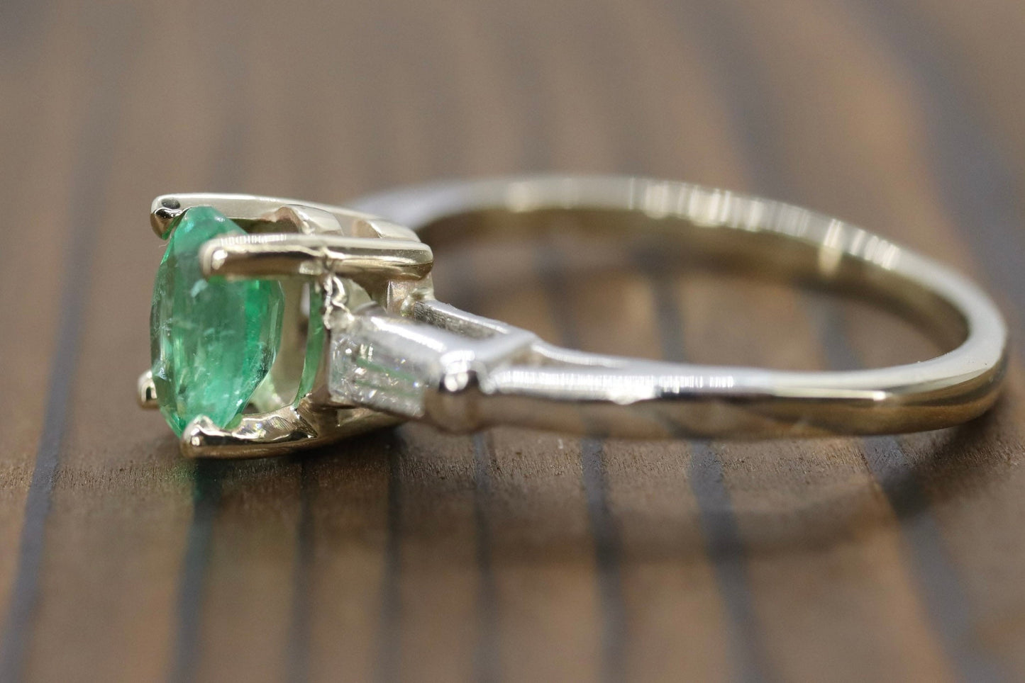 14k Oval Emerald and Baguette diamond ring. 14k white gold Green Emerald solitaire.