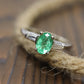 14k Oval Emerald and Baguette diamond ring. 14k white gold Green Emerald solitaire.