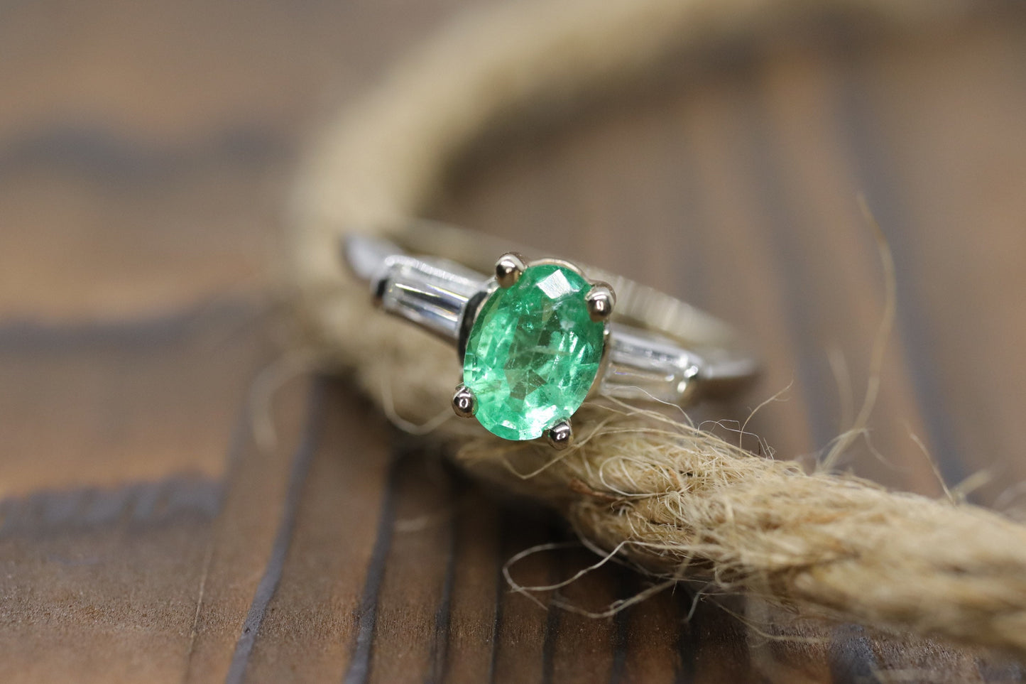 14k Oval Emerald and Baguette diamond ring. 14k white gold Green Emerald solitaire.