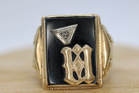 10k ONYX M  N or W ring. 10k Letter M or N or W statement ring. Calligraphy M or N initial Men or Women ring