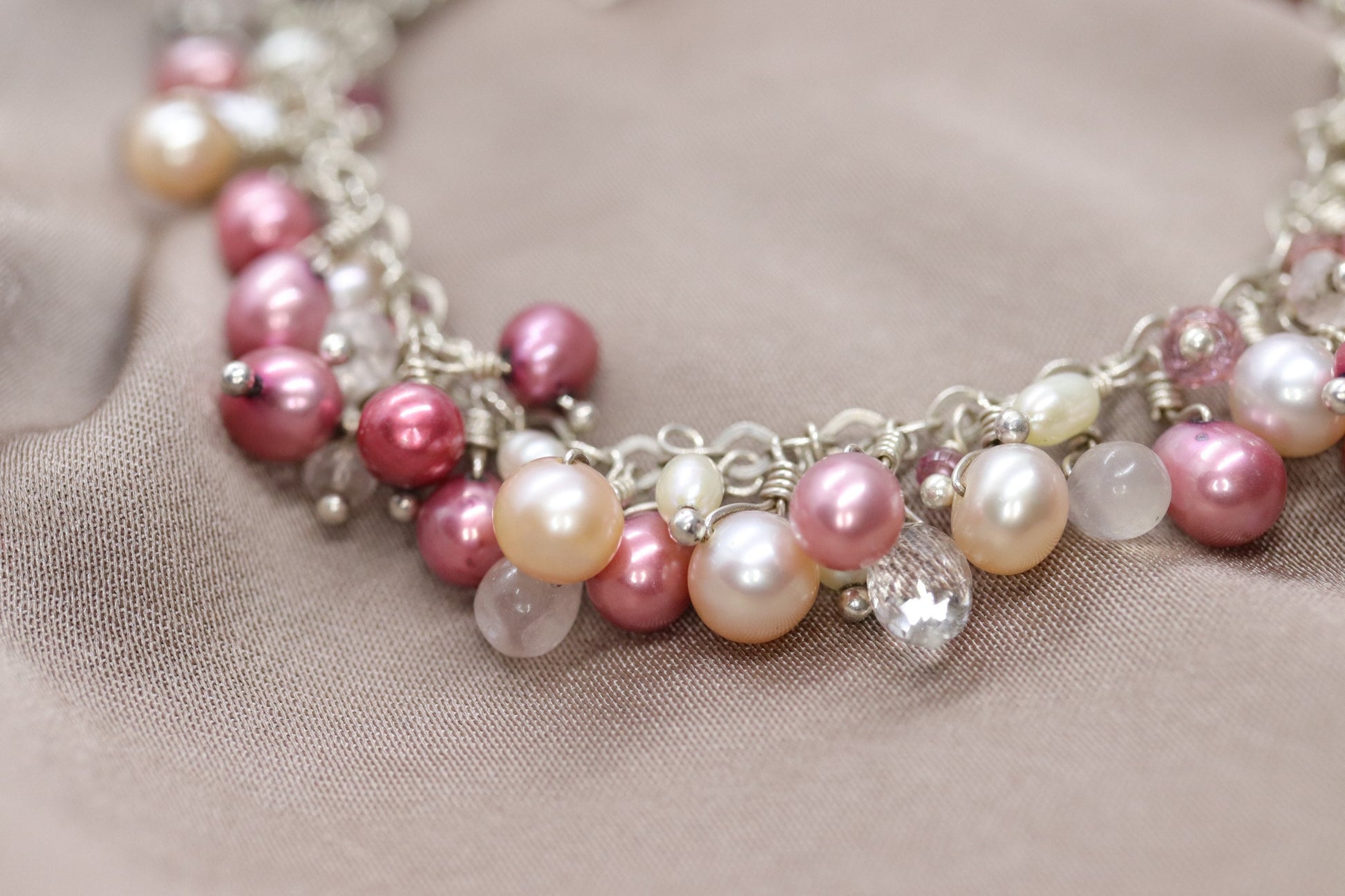 Laura Gibson Bracelet Breast Awareness. Sterling Silver with Pearls and Dangling Faceted Gems - Quartz (552)