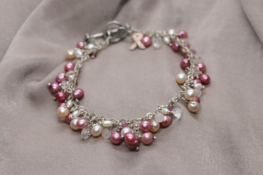 Laura Gibson Bracelet Breast Awareness. Sterling Silver with Pearls and Dangling Faceted Gems - Quartz (552)