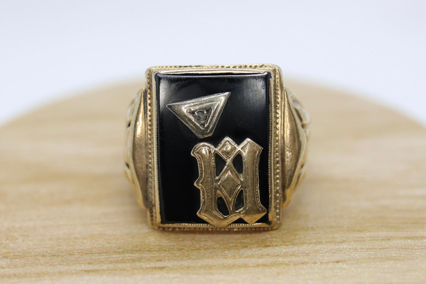 10k ONYX M  N or W ring. 10k Letter M or N or W statement ring. Calligraphy M or N initial Men or Women ring