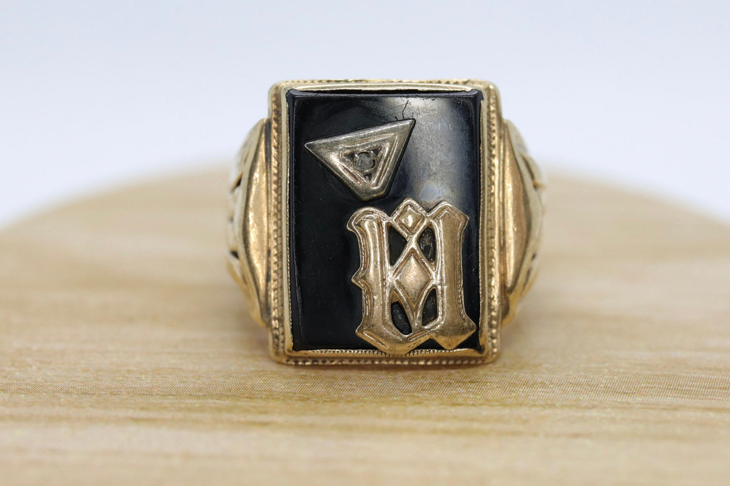 10k ONYX M  N or W ring. 10k Letter M or N or W statement ring. Calligraphy M or N initial Men or Women ring