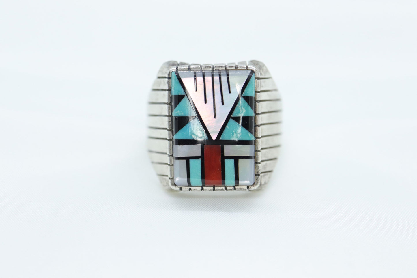 Heavy Zuni Sterling Silver Signet ring. MOP Turquoise Carnelian Inlay Design. Sz 13