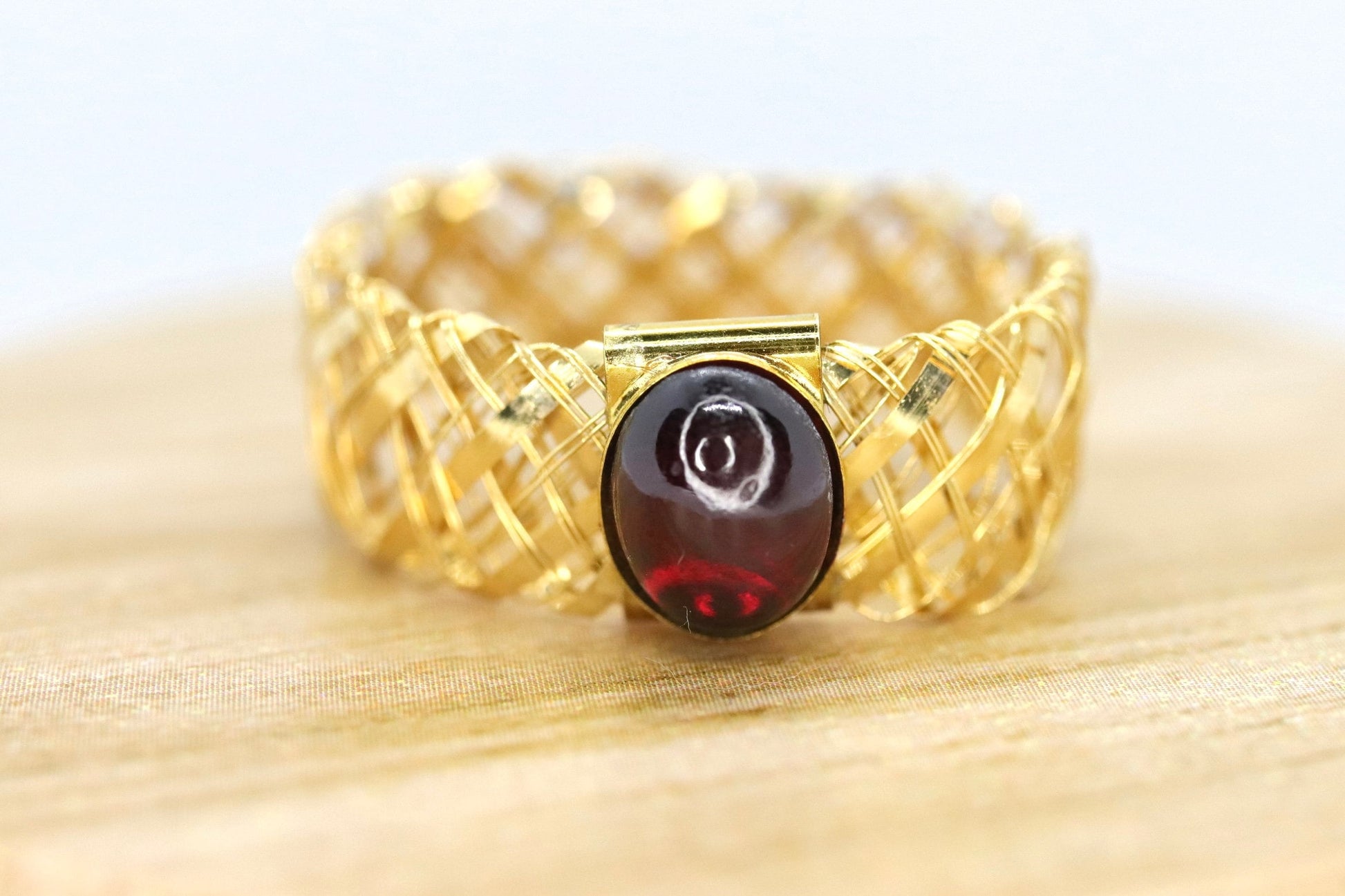 14k Rubellite Tourmaline Cabochon ring. 14 MESH ring band.