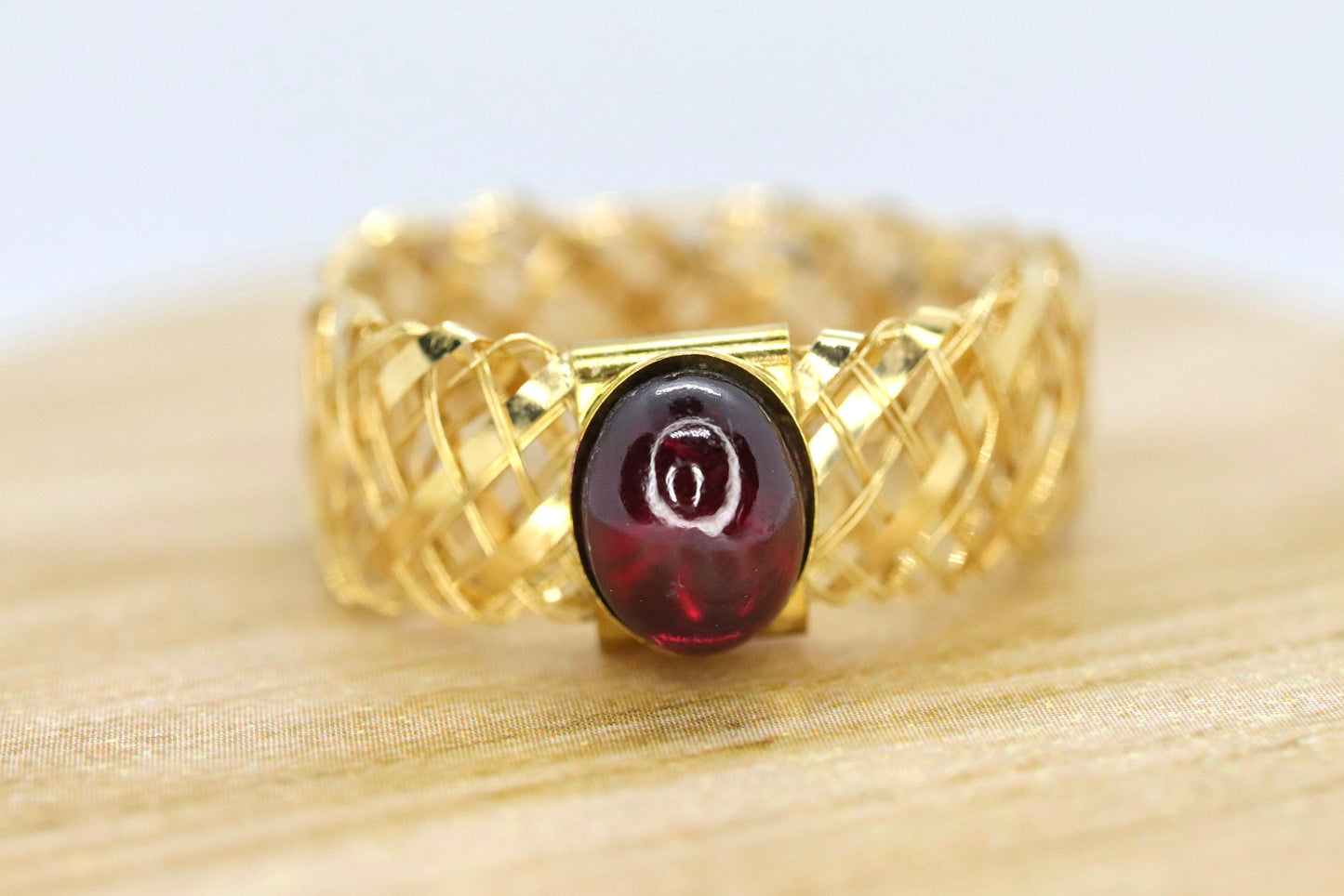 14k Rubellite Tourmaline Cabochon ring. 14 MESH ring band.