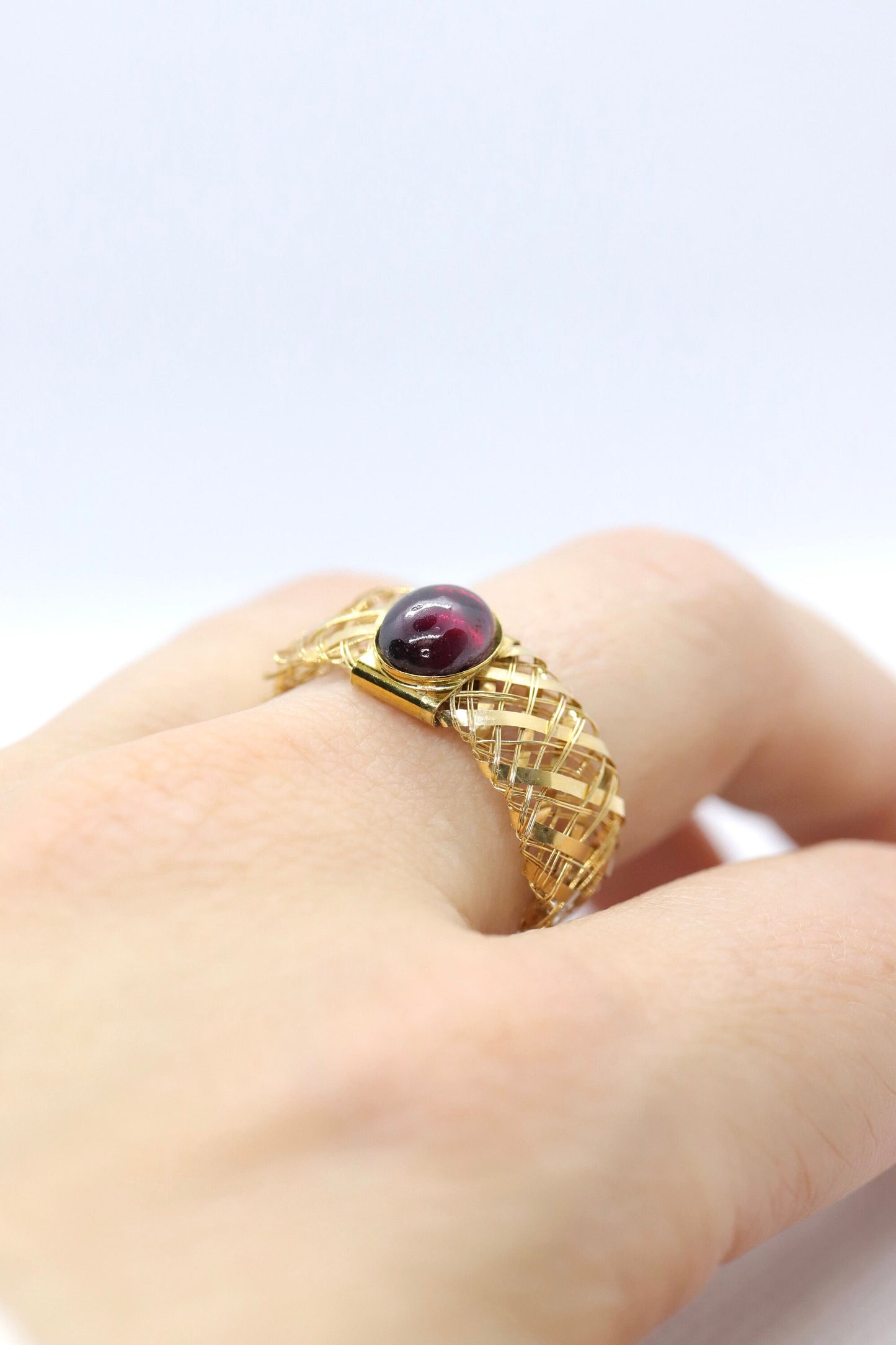 14k Rubellite Tourmaline Cabochon ring. 14 MESH ring band.