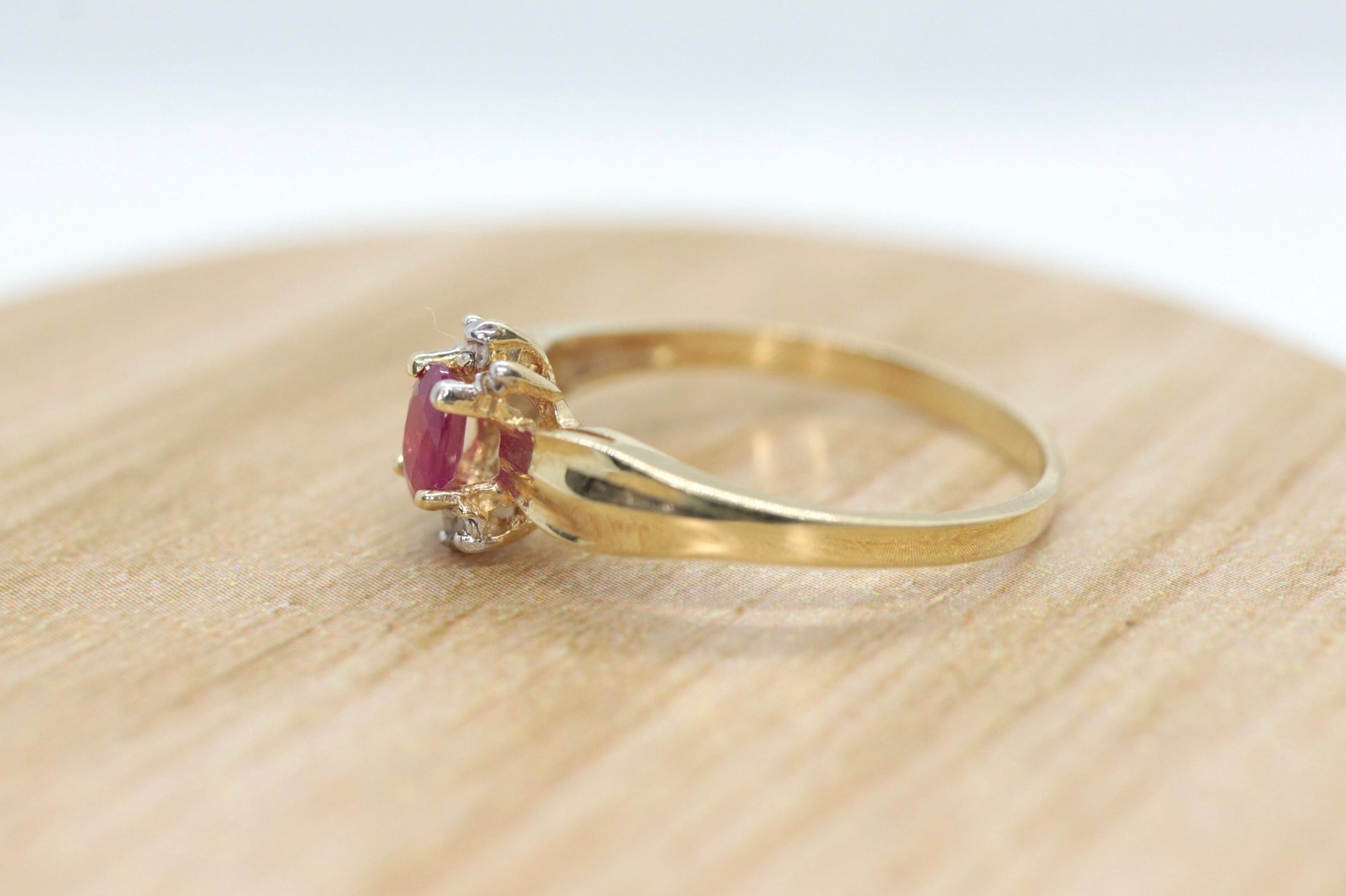 Vintage Ruby HALO Ring. 10k oval Ruby and Diamond Halo ring