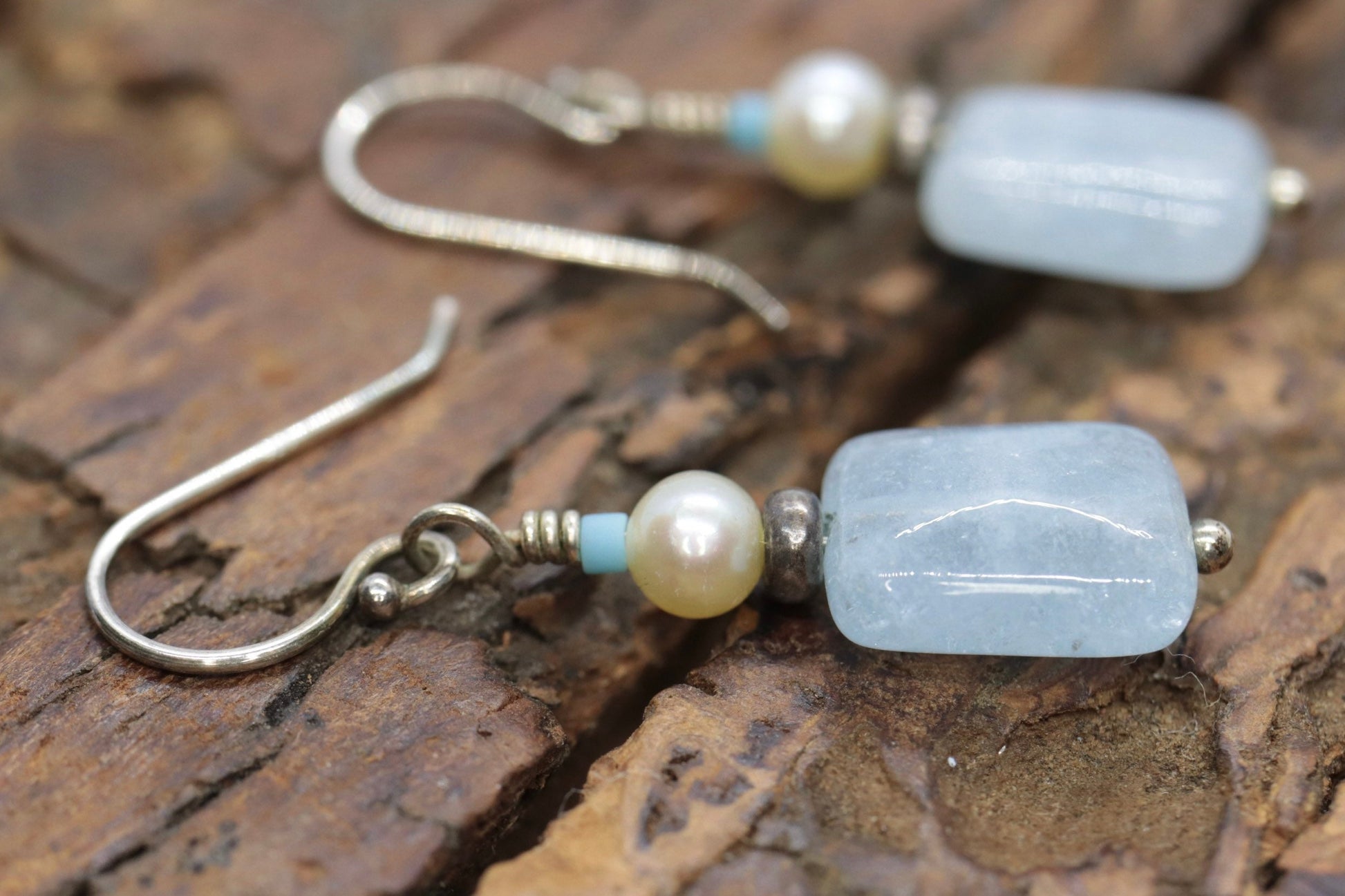 Sterling Silver Aquamarine and Pearl Candy Drop Dangle Earrings. BOHO Dangle earrings st(3/45)