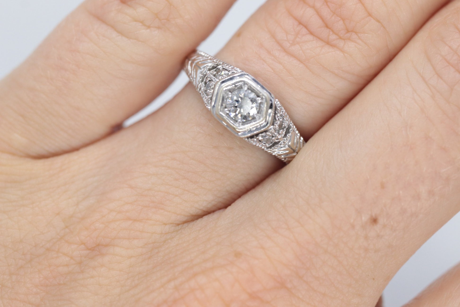 Art Deco Diamond ring. 14k white gold with engravings. Made by Royal Jewelry RJM