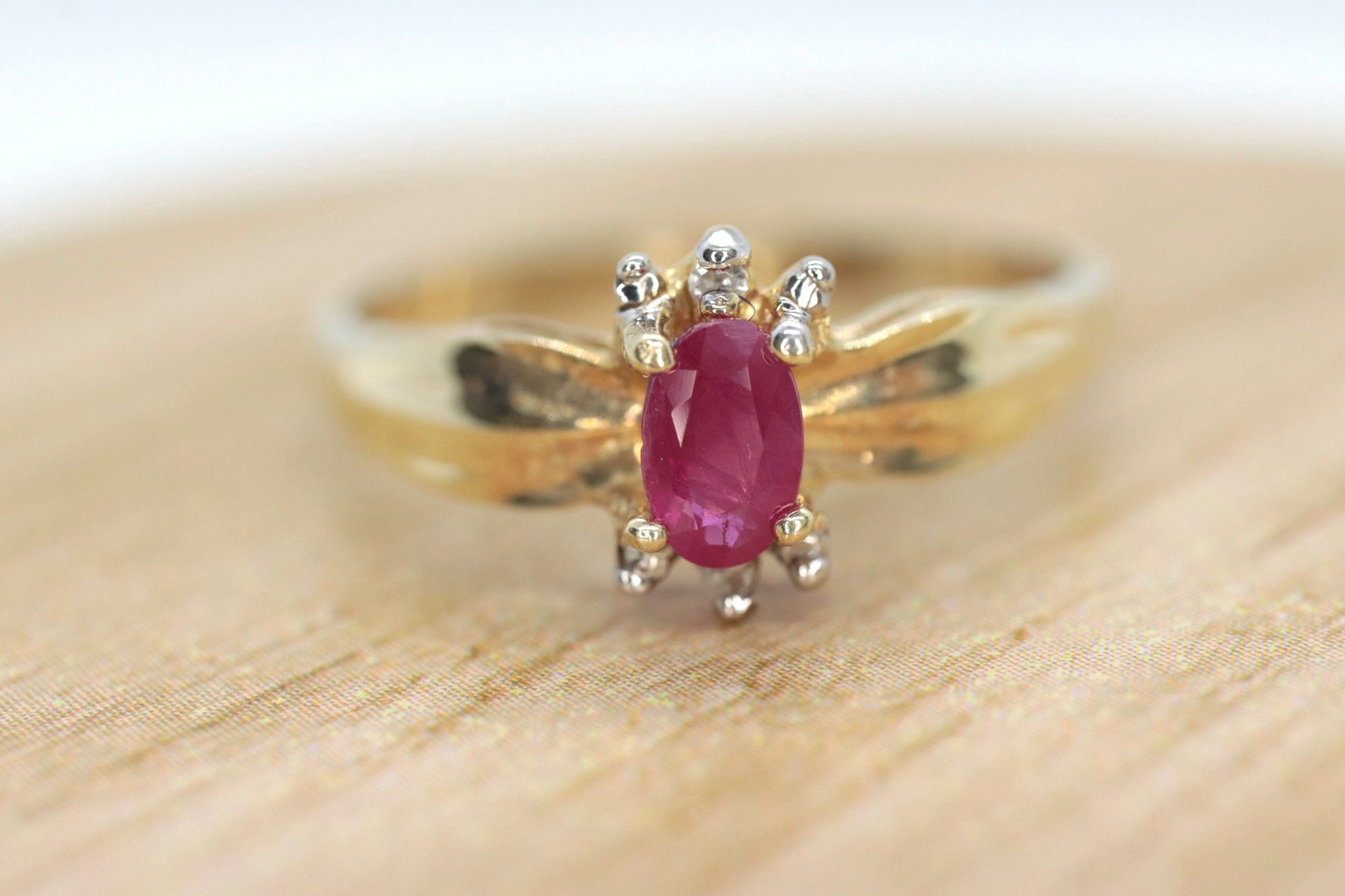 Vintage Ruby HALO Ring. 10k oval Ruby and Diamond Halo ring