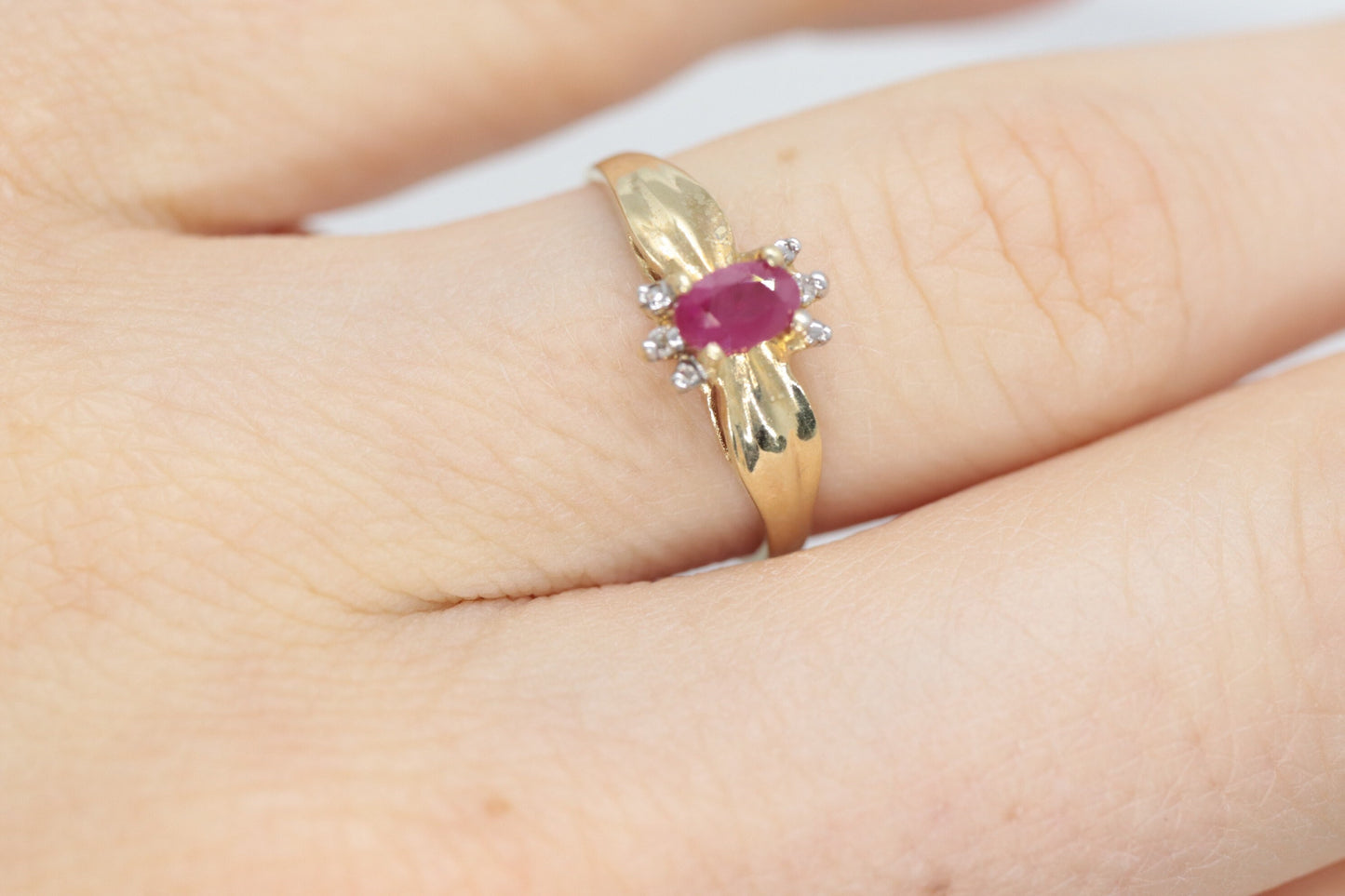 Vintage Ruby HALO Ring. 10k oval Ruby and Diamond Halo ring