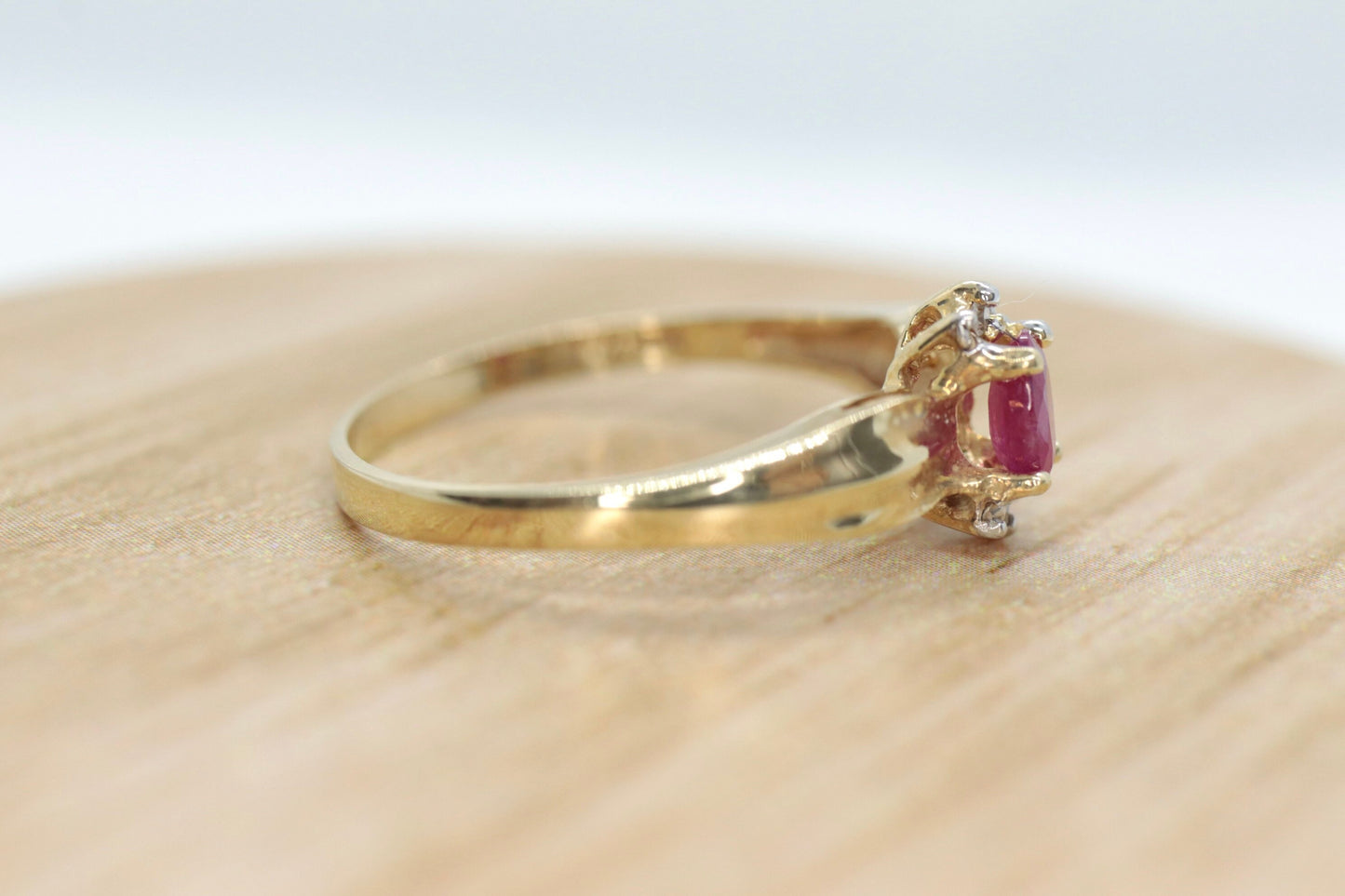 Vintage Ruby HALO Ring. 10k oval Ruby and Diamond Halo ring