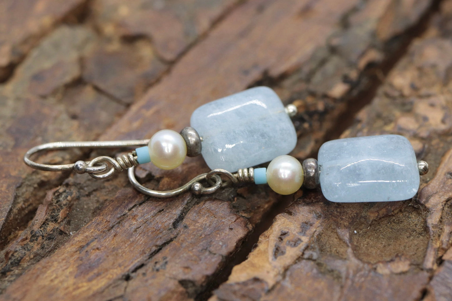 Sterling Silver Aquamarine and Pearl Candy Drop Dangle Earrings. BOHO Dangle earrings st(3/45)