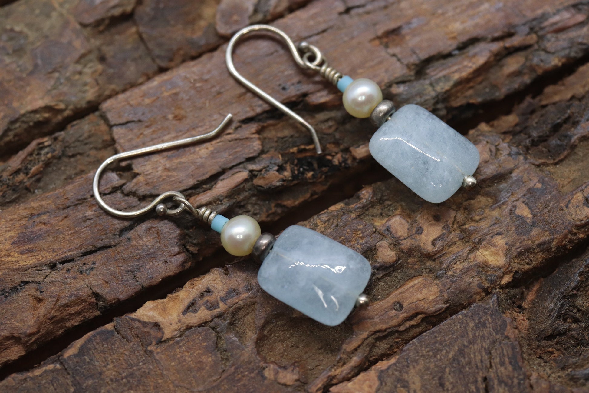 Sterling Silver Aquamarine and Pearl Candy Drop Dangle Earrings. BOHO Dangle earrings st(3/45)