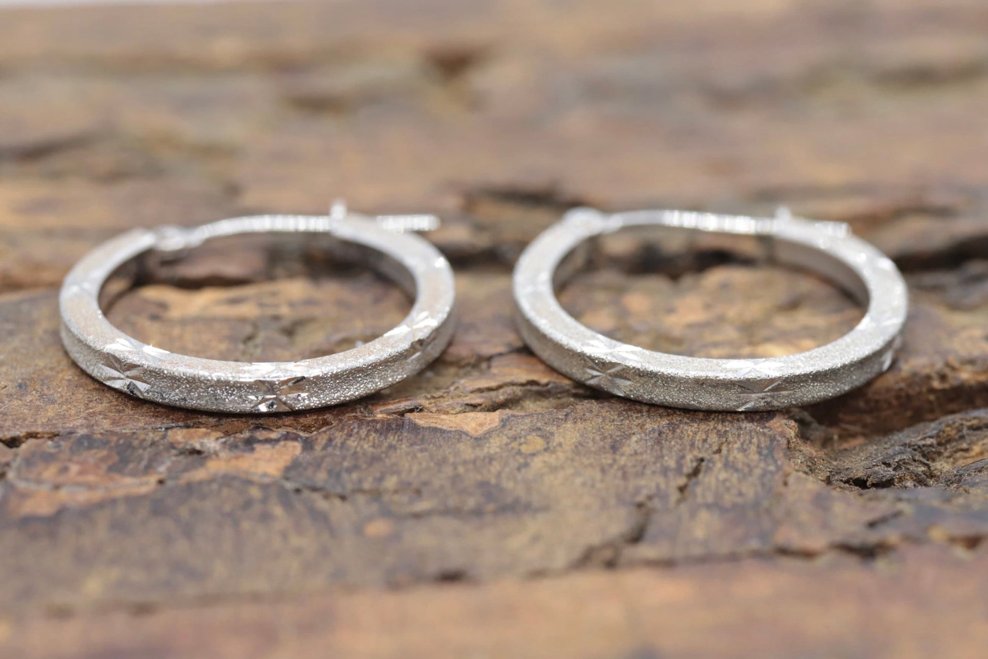 14k White Gold HOOP Earrings. 14k Hoop Textured Engraved thin dangle earrings. st58/65