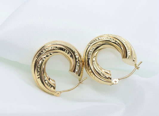 14k Gold Puffed Hollow HOOP Earrings. Textured and Engraved Twisted Design Earrings. st(71/88)