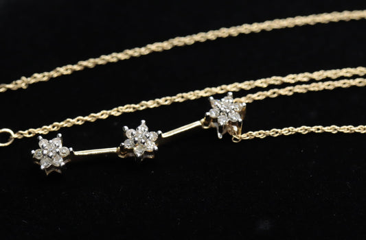 14k 3 Diamond Past Present Future Journey Pendant. 14k Yellow gold cluster diamond pendant Rope necklace. st (74/75)