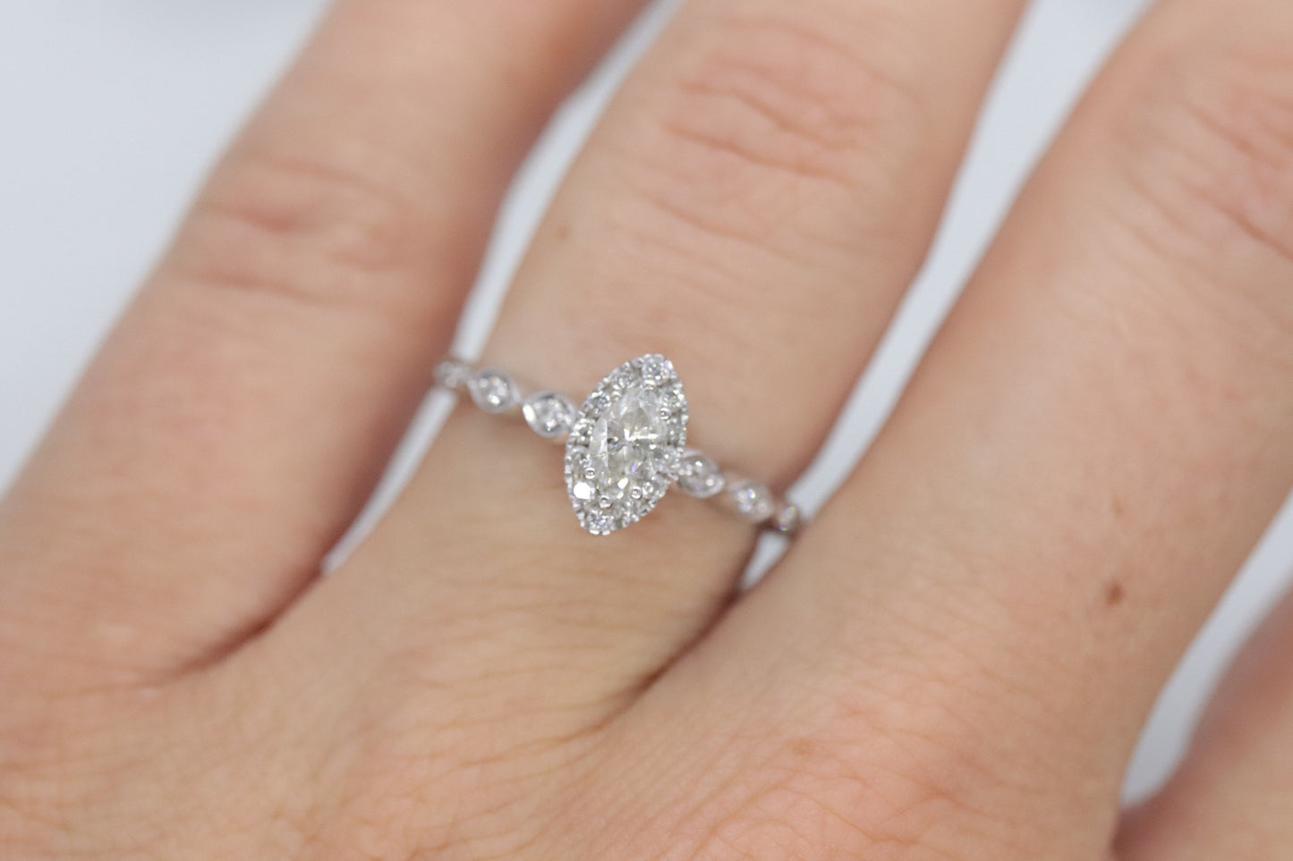 Marquise Diamond Solitaire Halo Ring . 14k White Gold HALO Diamond Petite 0.20ct Engagement Ring st(161/00)