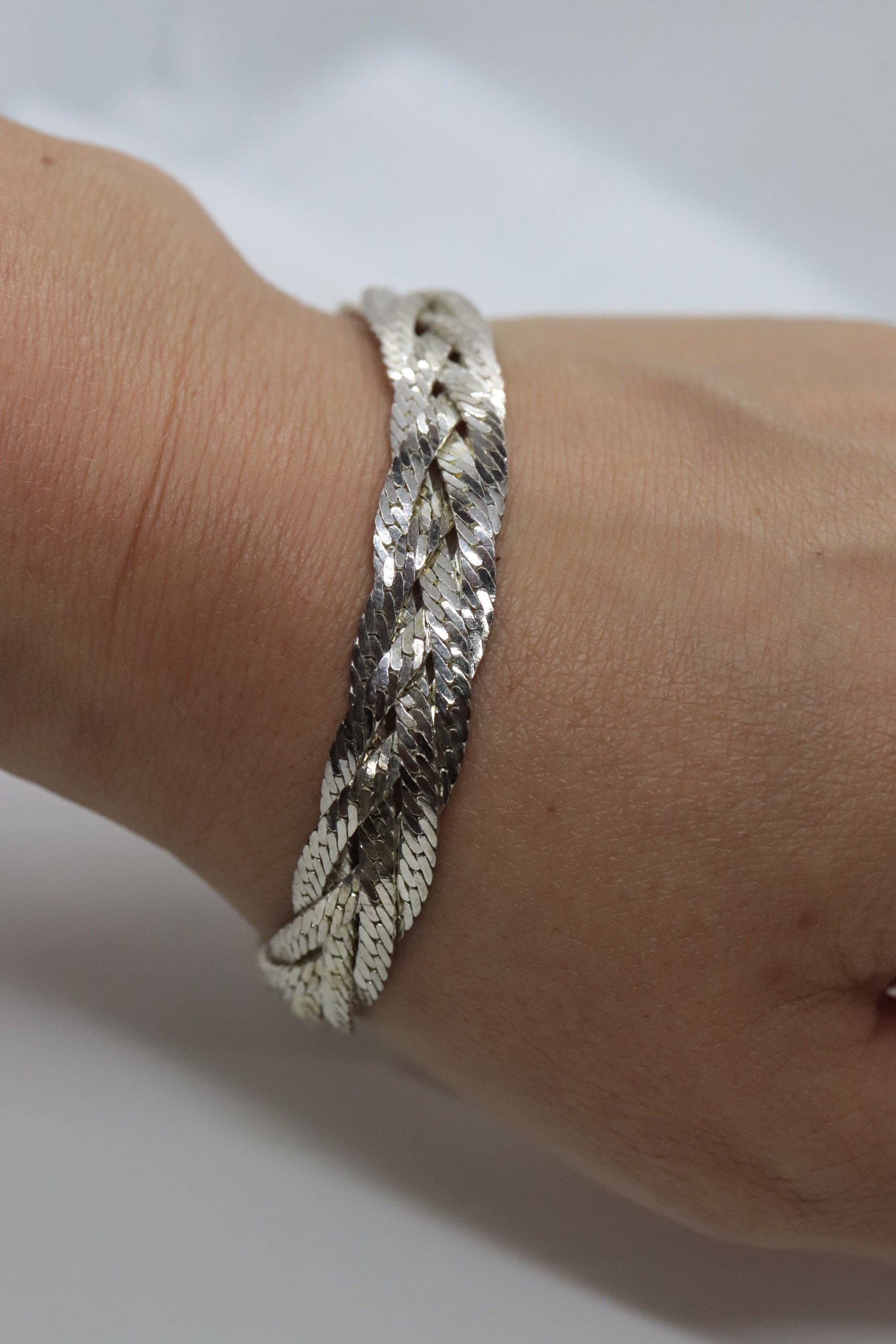 Vintage HEAVY Sterling Silver 925 Braided Herringbone Chain Bracelet 10mm and 22in 13.9g st(10/06)