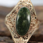 10k Open Flowers Shield and Green Moss Agate ring. Skinny Dainty 10k PSCo Stamped ring. st97/75