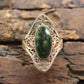 10k Open Flowers Shield and Green Moss Agate ring. Skinny Dainty 10k PSCo Stamped ring. st97/75