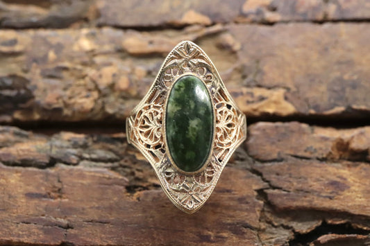 10k Open Flowers Shield and Green Moss Agate ring. Skinny Dainty 10k PSCo Stamped ring. st97/75