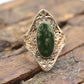 10k Open Flowers Shield and Green Moss Agate ring. Skinny Dainty 10k PSCo Stamped ring. st97/75