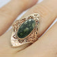 10k Open Flowers Shield and Green Moss Agate ring. Skinny Dainty 10k PSCo Stamped ring. st97/75