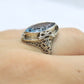 Swiss Blue Topaz Ring. 14k White Gold Filigree Design.  Art Deco 1920 Era. Statement band. st(173/65)