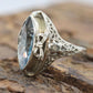 Swiss Blue Topaz Ring. 14k White Gold Filigree Design.  Art Deco 1920 Era. Statement band. st(173/65)