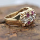 14k Ruby and Diamond Wide Cluster Filigree ring. 14k Yellow Gold and diamond ruby statement band st115/00