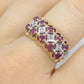 14k Ruby and Diamond Wide Cluster Filigree ring. 14k Yellow Gold and diamond ruby statement band st115/00