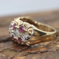 14k Ruby and Diamond Wide Cluster Filigree ring. 14k Yellow Gold and diamond ruby statement band st115/00