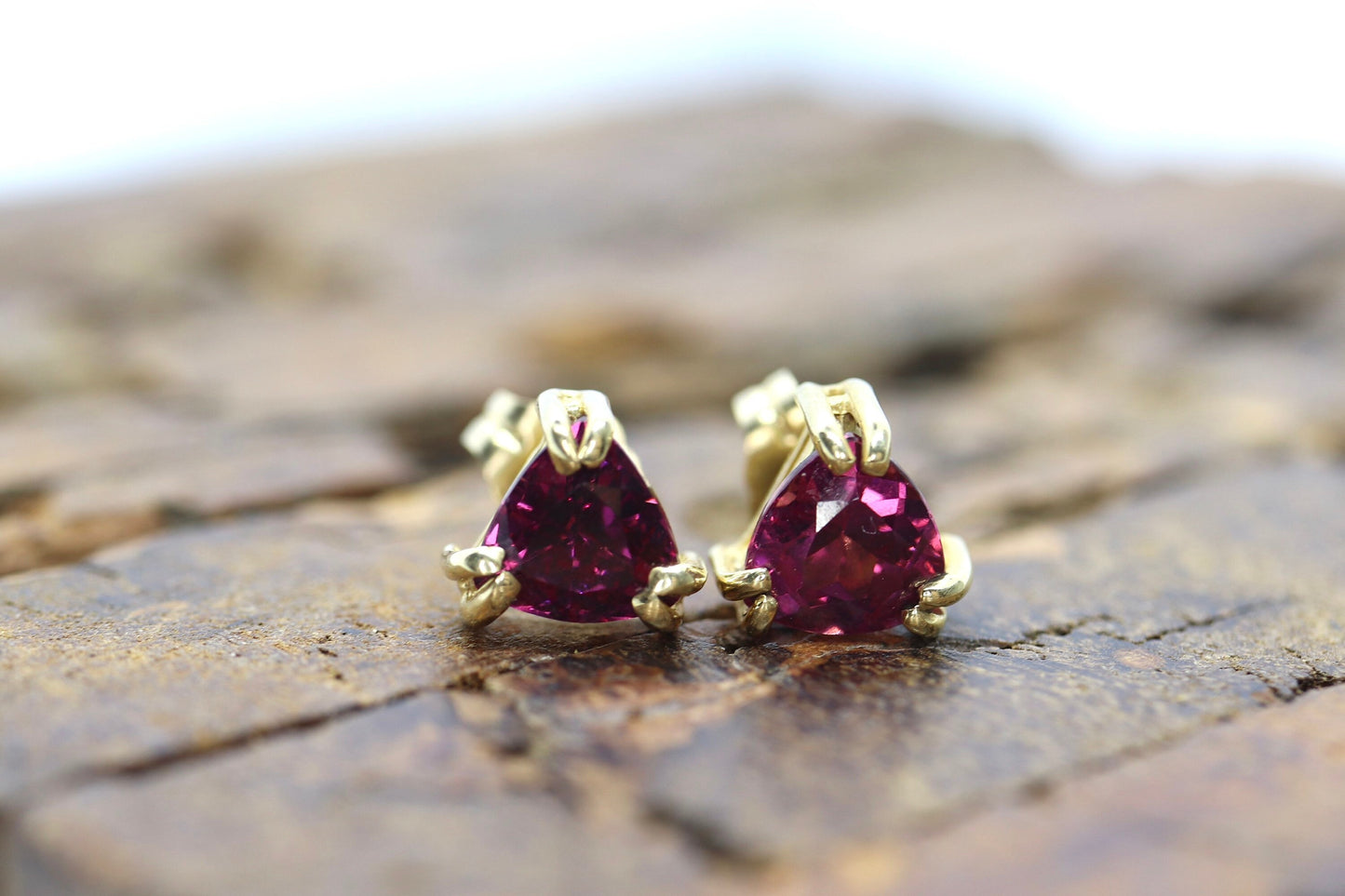 14k Tourmaline Stud Earrings. Rubellite Pink Tourmaline Trillion Cut Stud Prong earrings. st(30/66)