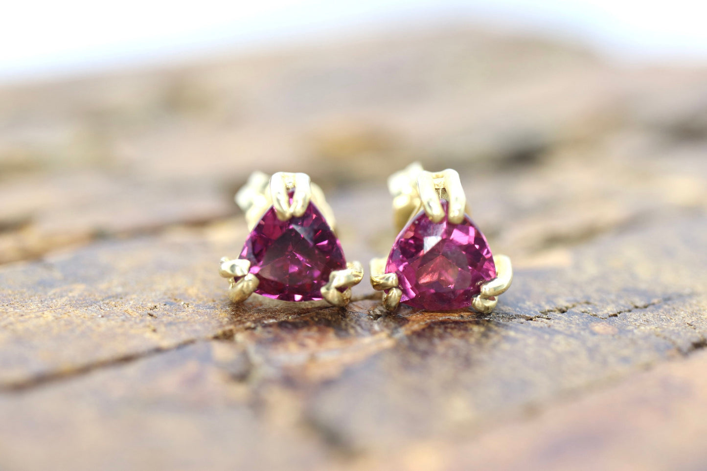 14k Tourmaline Stud Earrings. Rubellite Pink Tourmaline Trillion Cut Stud Prong earrings. st(30/66)