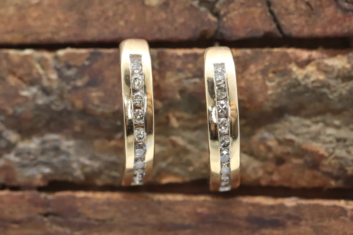 14k Gold Half HOOP Diamond Earrings. 14k Polish Gloss Channel Set Diamonds earrings. 0.45ctw diamonds. st103/50