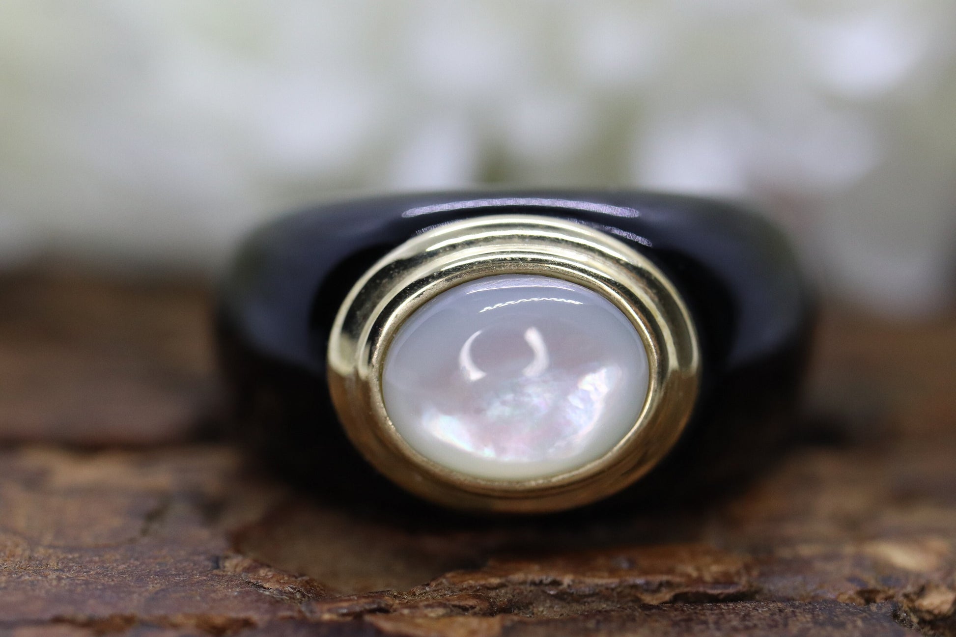 14k Carved Onyx and MOP Ring. Solid Onyx shank with Mother of Pearl. st(13/41)