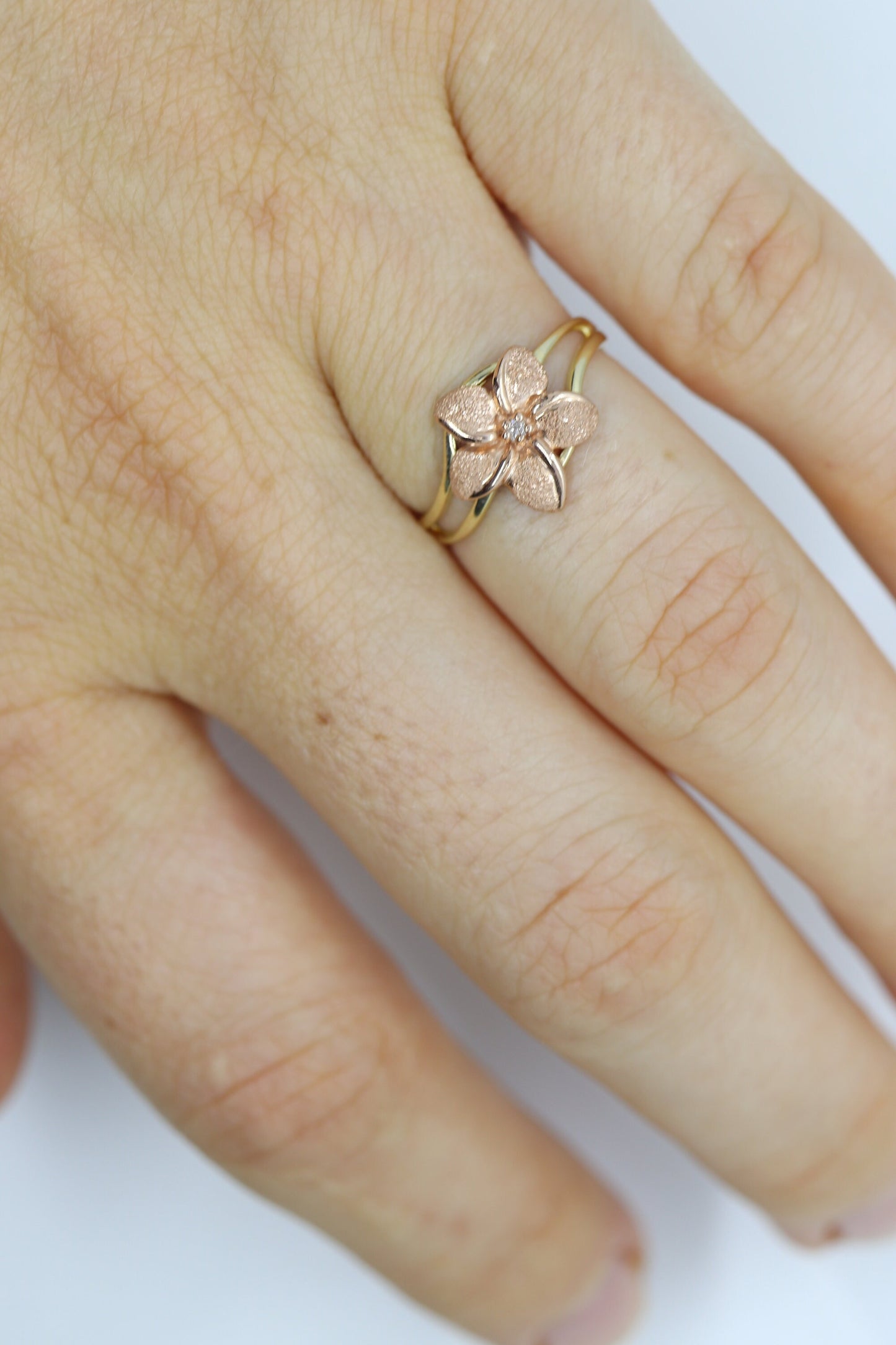 14k Flower Plumeria Diamond ring. Plumeria Ring 14k Rose Gold / Yellow Gold. Satin Textured. st48/87