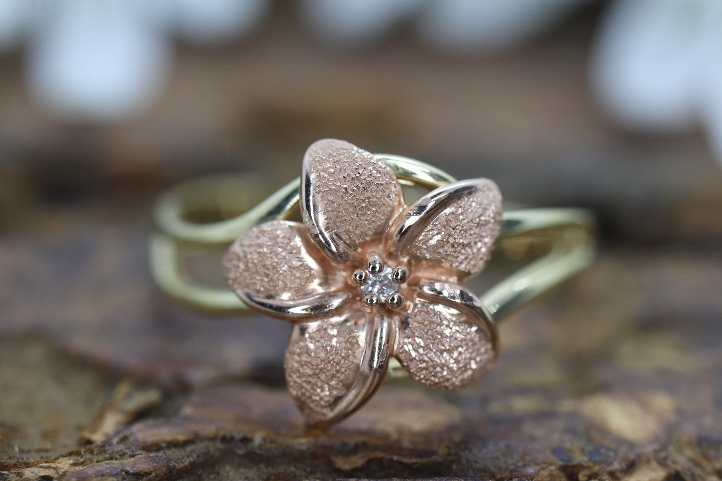 14k Flower Plumeria Diamond ring. Plumeria Ring 14k Rose Gold / Yellow Gold. Satin Textured. st48/87