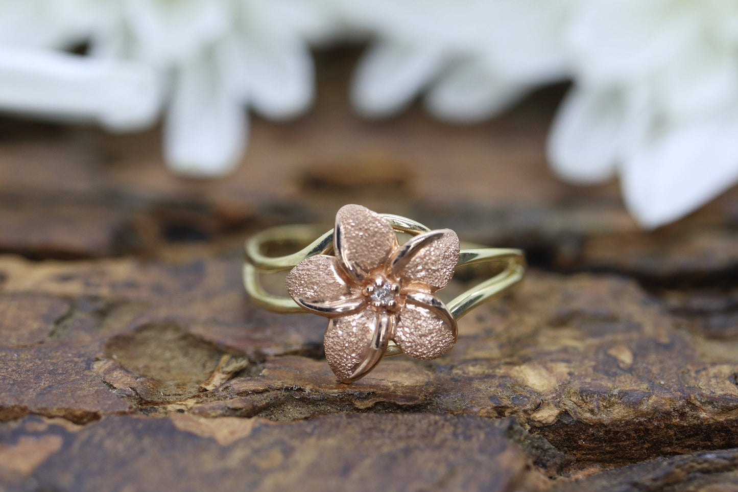 14k Flower Plumeria Diamond ring. Plumeria Ring 14k Rose Gold / Yellow Gold. Satin Textured. st48/87