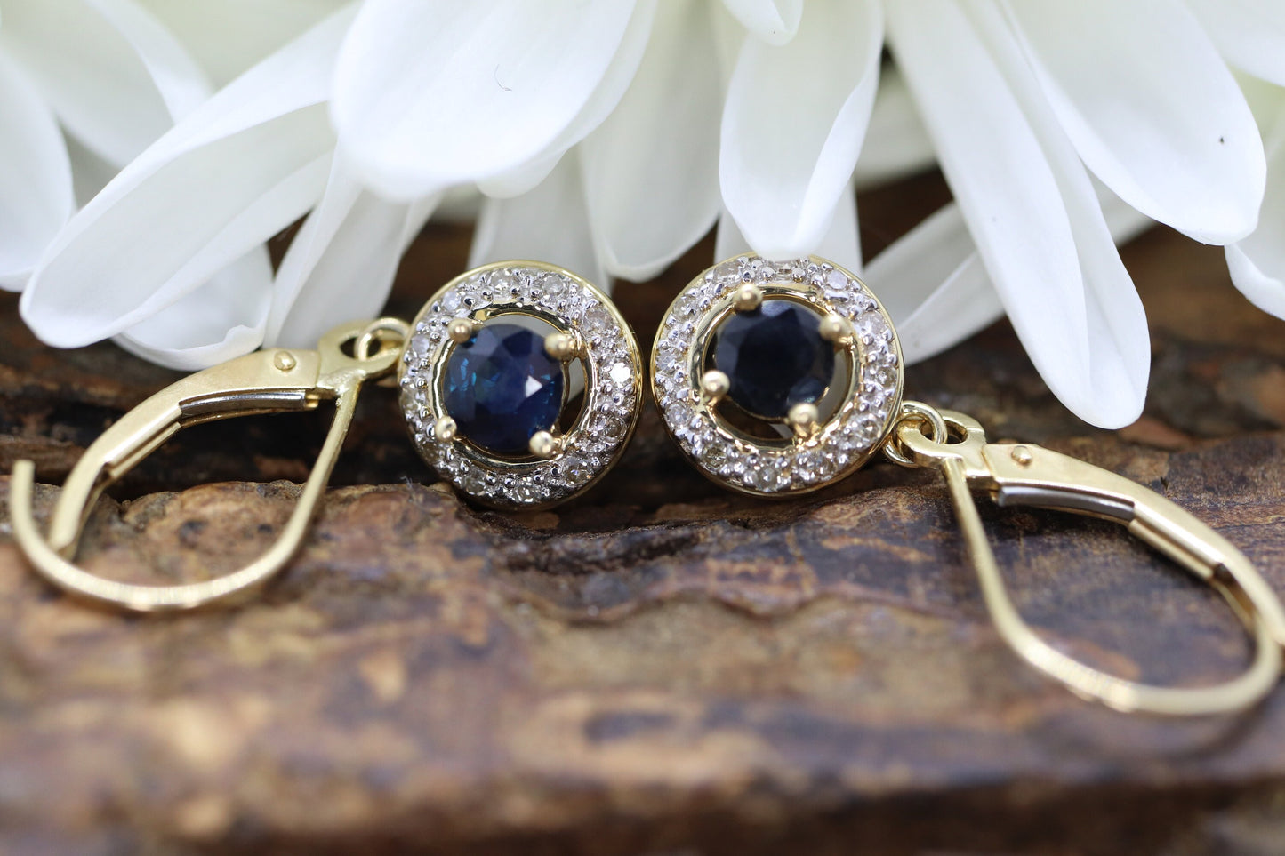 14k Sapphire and Diamond Halo Dangle Earrings. Sapphire Diamond Halo Earrings. st(51/75)