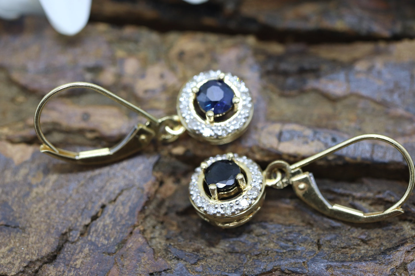 14k Sapphire and Diamond Halo Dangle Earrings. Sapphire Diamond Halo Earrings. st(51/75)