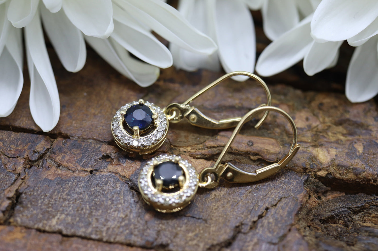 14k Sapphire and Diamond Halo Dangle Earrings. Sapphire Diamond Halo Earrings. st(51/75)