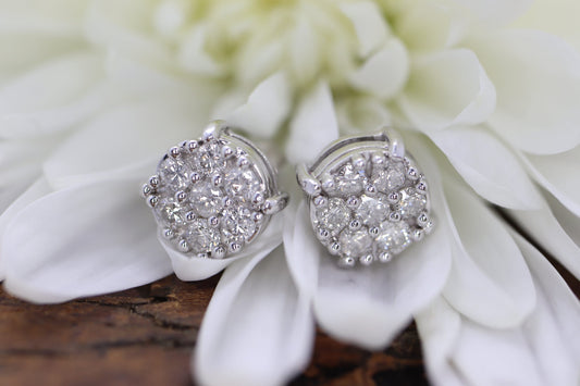 Diamond Flower Cluster Earrings.  Diamond Daisy 14k stud earrings. Diamond Stud 14k White Gold Earrings. 0.42 ctw. st149/50