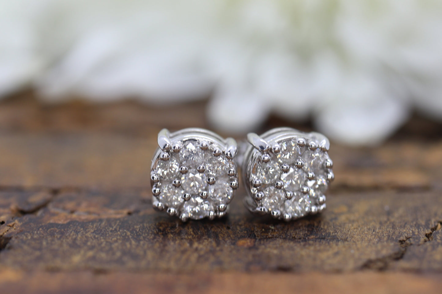 Diamond Flower Cluster Earrings.  Diamond Daisy 14k stud earrings. Diamond Stud 14k White Gold Earrings. 0.42 ctw. st149/50