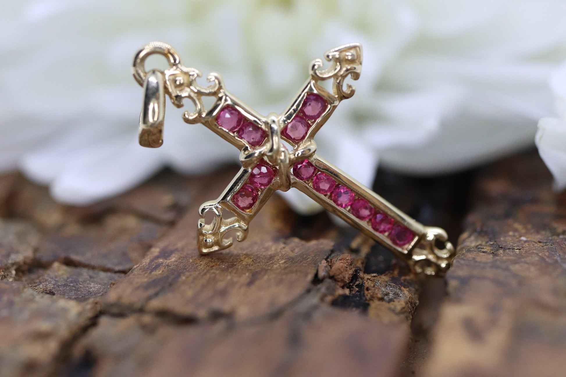 14k Ruby Cross Pendant. Crucifix Christian channel set rubies. st(80/50)