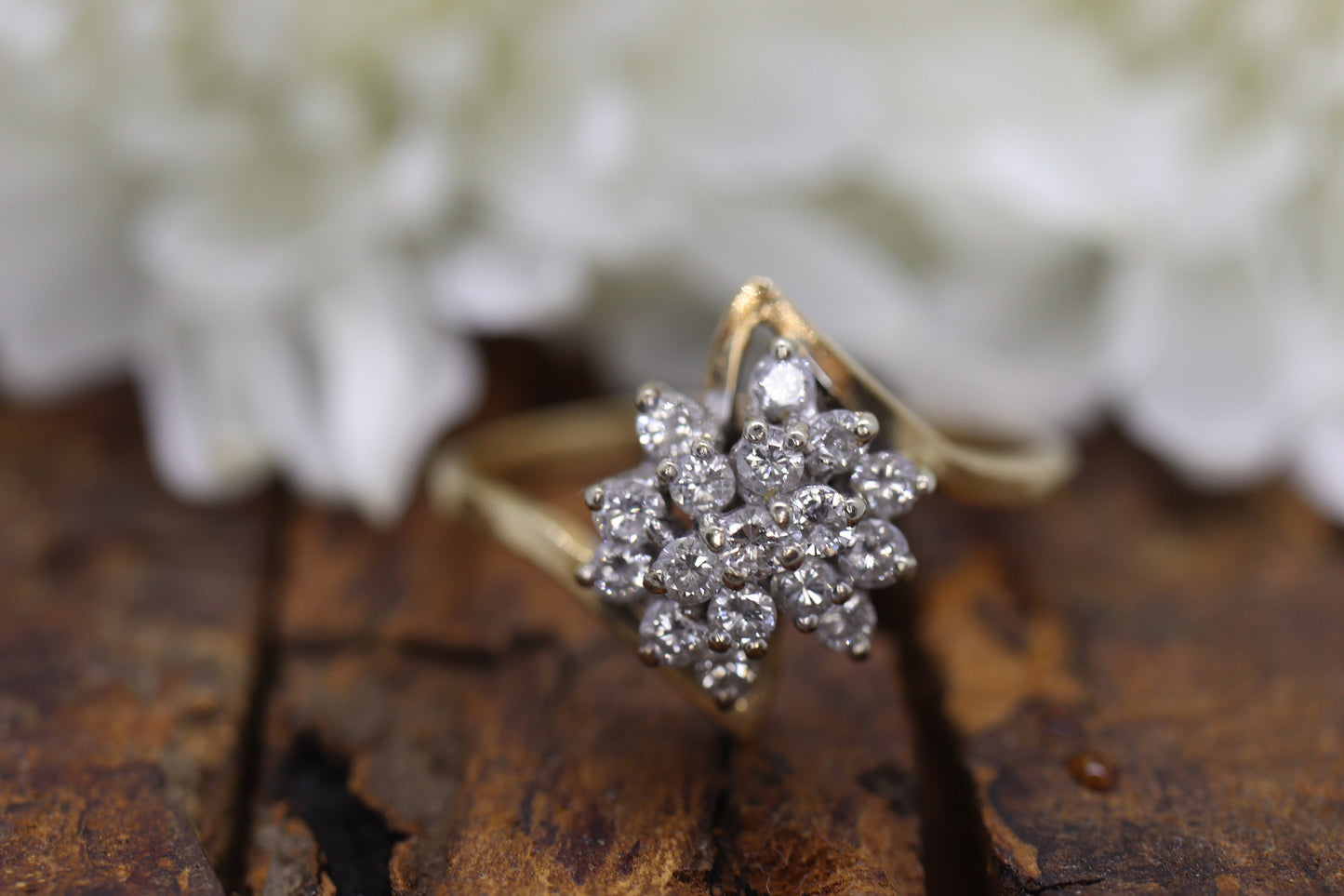 14k Yellow Gold Bypass daisy Ring. Round Diamond Cluster Ring. Waterfall diamond. 1/2ctw diamonds st(138/11)